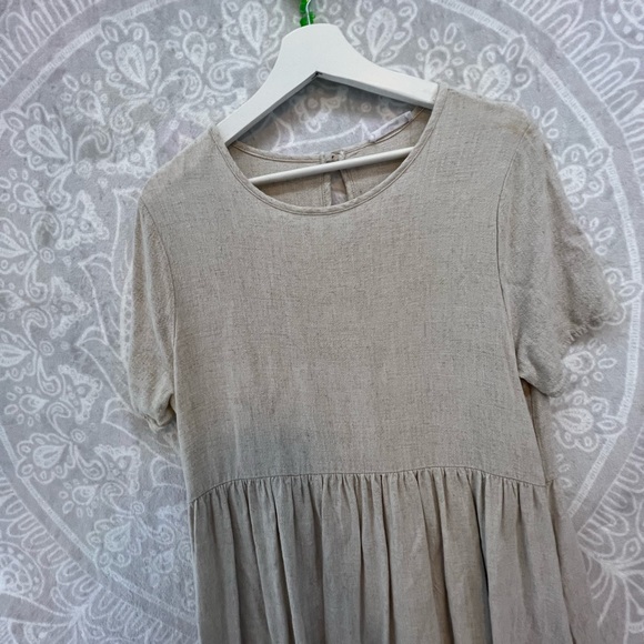 2 POCKET LINEN LOOK DRESS SHORT-SLEEVE M MEDIUM NATURAL NEUTRAL BEIGE - Picture 9 of 15